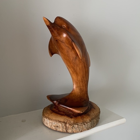 Wooden Hand Carved Dolphin on Coral Statue Sculpture Wood Decor Figurine - Picture 8 of 15